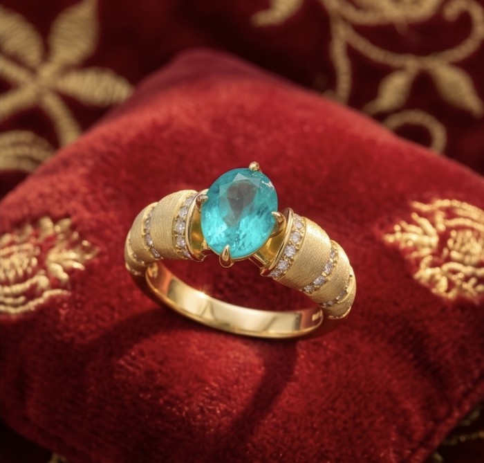 Wonderland 3.8 carat Paraiba Tourmaline 14k Gold over .925 Sterling Silver Handcrafted Ring size 7 1/4 - Paraiba Tourmaline ring on red velvet, angled top view.
