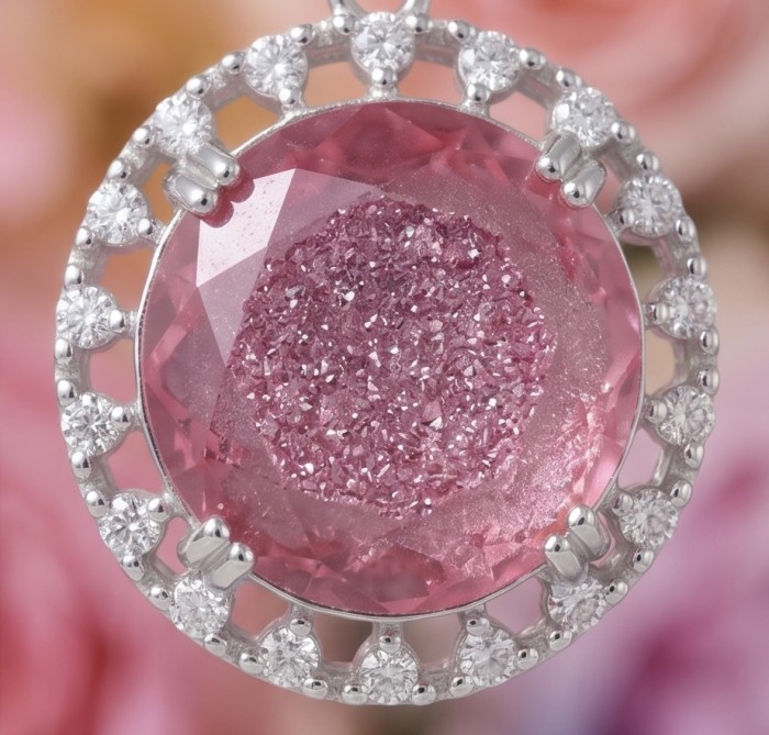 Emily 5.8 carat Brazilian Watermelon Tourmaline .925 Sterling Silver Handcrafted handmade Pendant - Close-up of Emily 5.8ct Watermelon Tourmaline pendant in sterling silver.