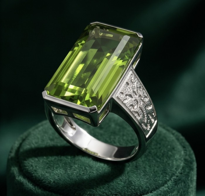 RARE FINDING! Authentic baquette cut 17.9 carat volcanic Green Helenite .925 Sterling Silver ring s. 7 - Close-up of a baguette cut 17.9 carat green gemstone ring.