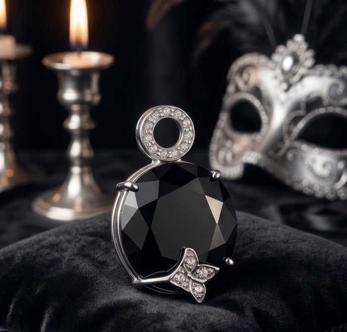 Black Rose - Oval shape Genuine 20.5 carat Onyx .925 Sterling Silver handcrafted pendant - Close-up of 20.5 carat onyx pendant with silver detailing.