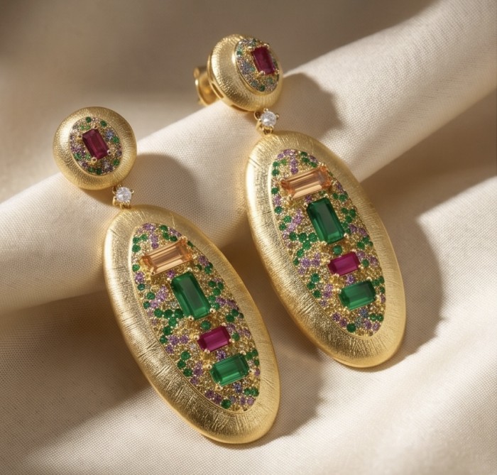 Byzantine design Authentic 8.2 carat Topaz 18K Gold over .925 Sterling Silver handcrafted Statement earrings - Byzantine earrings in 18K gold with topaz, emeralds, and rubies close-up.