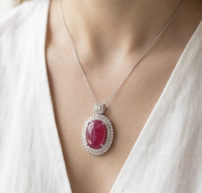Rare 16.2 carat authentic Kashmir Ruby rhodium over .925 Sterling Silver handmade Statement Pendant - Necklace with 16.2 ct Kashmir Ruby pendant, worn on neck.
