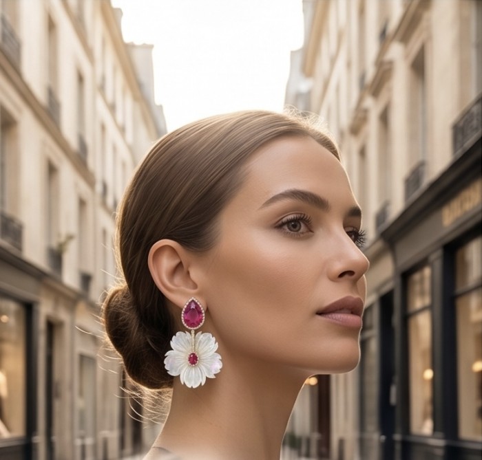 Summer Flowers Blister Pearl Red Topaz 14K Gold over .925 Sterling Silver handcrafted Earrings - Side view of woman wearing Summer Flowers Blister Pearl Red Topaz earrings.