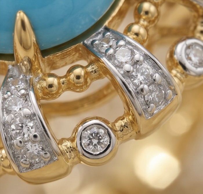 Sofia - authentic Sleeping Beauty Turquoise 22K Gold over .925 Sterling Silver handcrafted Statement Ring size 6 - Stone close-up of diamonds and turquoise on gold jewelry.