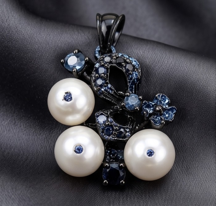 Tiffany - 7.8 carat Pearl Tanzanite Black RHODIUM over .925 Sterling Silver Handcrafted pendant - Pendant close-up: pearls and tanzanites on black rhodium setting.