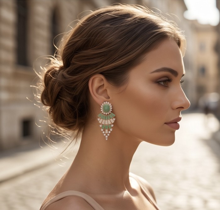 Authentic 4.7 carat Tsavorite Garnet 18K Rose Gold over .925 Sterling Silver handcrafted Statement earrings - Woman wearing ornate Tsavorite garnet earrings, side profile view
