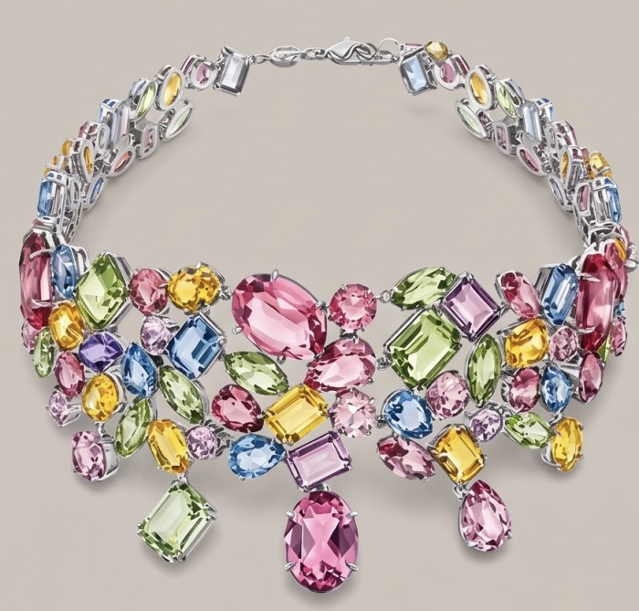Dolce Vita 184.5 carat multicolor Topaz .925 Sterling Silver rhodium over handcrafted Statement Choker necklace - Dolce Vita multicolor topaz necklace, front view, 184.5 carat, sterling silver