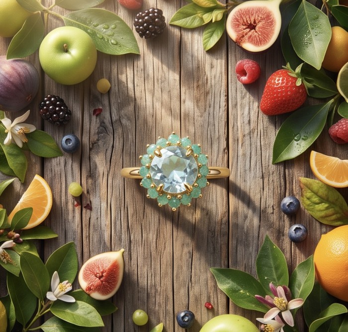 Natural 4.9 carat Green Amethyst 18K Gold .925 Sterling Silver handmade Statement Ring size 8 - Green amethyst ring on wood, surrounded by colorful fruits, top view.