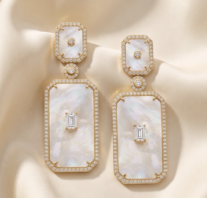 Genuine Blister Pearl lab grown Diamond 18K Gold over .925 Sterling Silver handcrafted Large Statement Earrings - Elegant earrings on fabric showcasing pearl and diamond details.