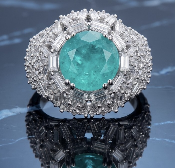 Elizabeth round cut 6.2 carat Colombian Emerald .925 Sterling Silver dipped in Rhodium handcrafted Ring size 9 - Close-up of Elizabeth ring with round 6.2 ct Colombian emerald.