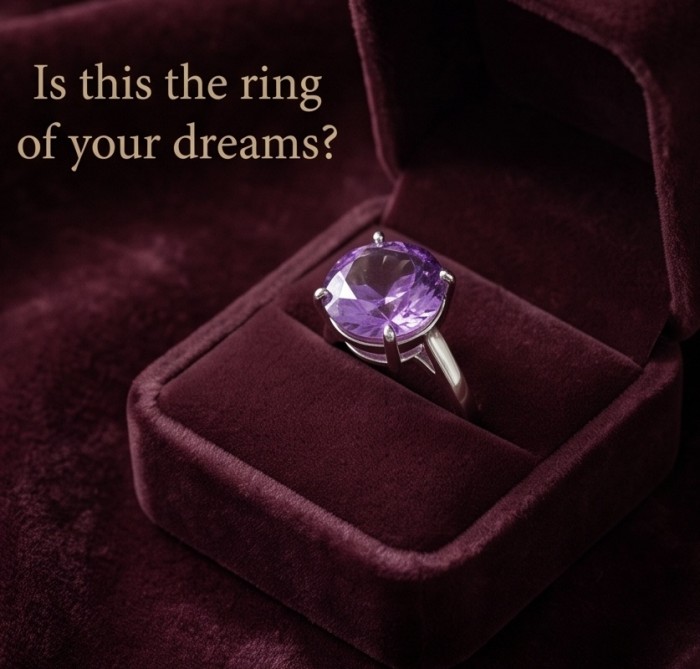 Born to Glam 10.2 carat natural Amethyst .925 Sterling Silver dipped in rhodium Perfectly handcrafted Ring s. 6 - Purple amethyst ring in box, side view, silver band.
