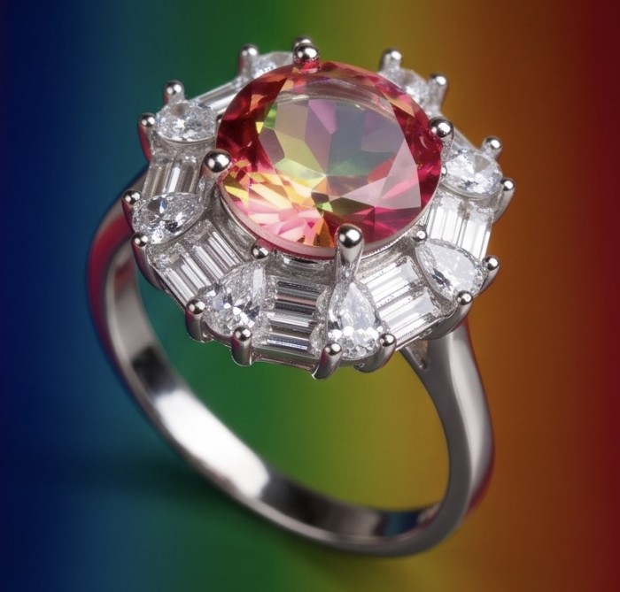 Round cut 3.8 carat Brazilian Pink Tourmaline .925 Sterling Silver dipped in rhodium Perfectly handcrafted Ring s. 7 1/2 - Round cut pink tourmaline ring close-up with diamond accents