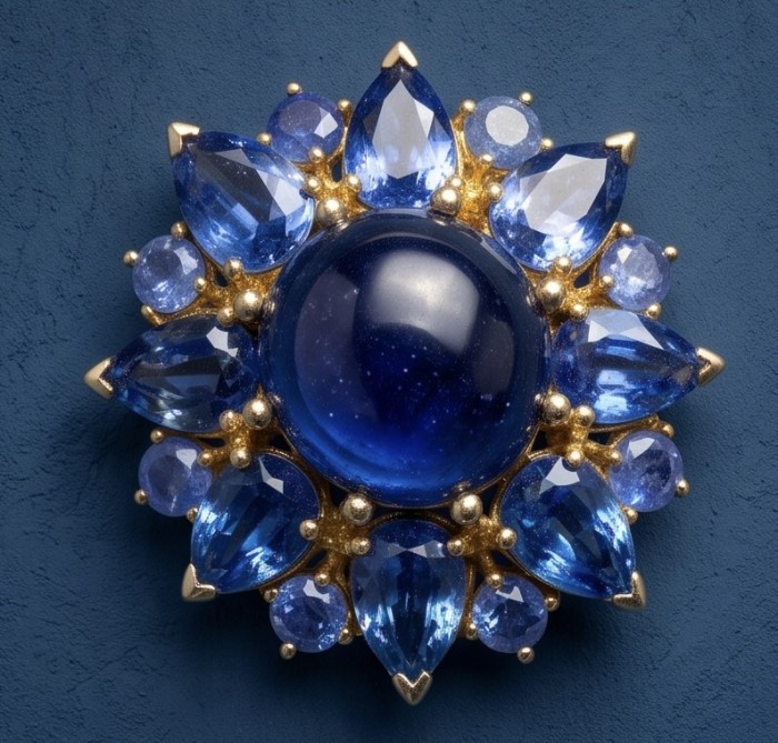 Incredible 22.5 carat Natural Sapphire from Tanzania 18K Gold over .925 Sterling Silver Brooch - Close-up of 22.5 carat natural star sapphire brooch with gemstones.