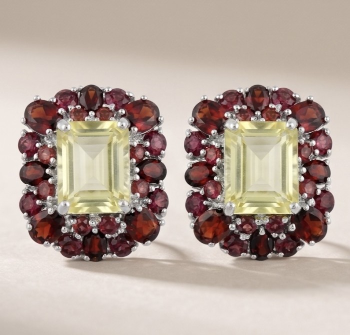 Costa del Sol 17.8 carat Genuine Lemon Quartz rhodium over .925 Sterling Silver handcrafted Earrings - Costa del Sol earrings front view with lemon quartz and red stones