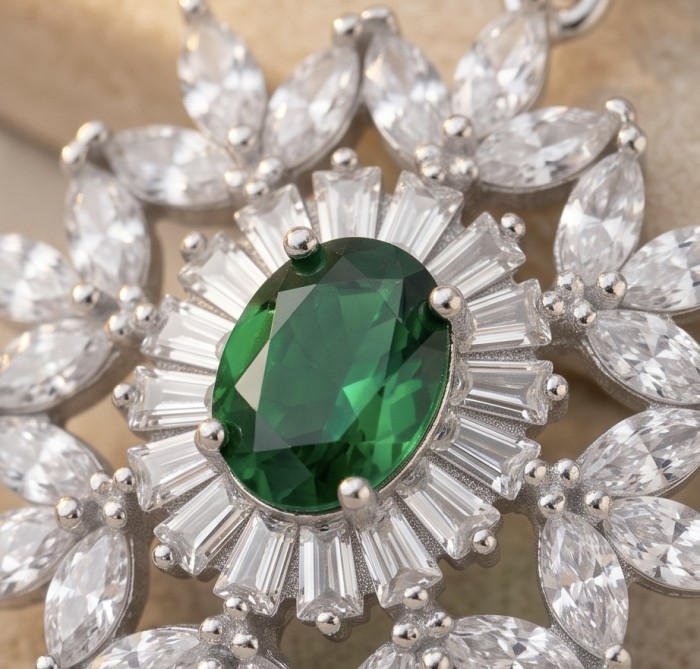 Ofelia - Authentic 5.5 CARAT natural Colombian Emerald .925 Sterling Silver handcrafted earrings - Stone close-up of Ofelia Colombian Emerald with baguette and marquise diamonds.