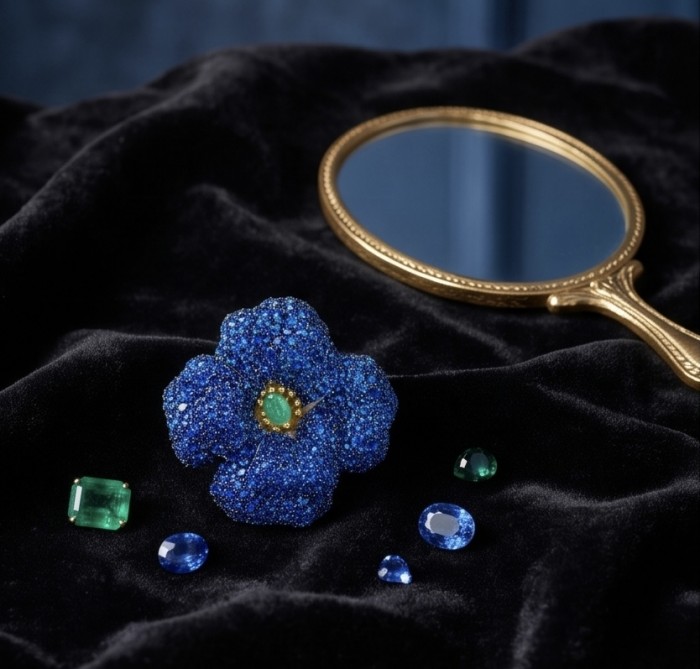 Black Label Collection - Retro Style - Rose Genuine 27.5 carat Sapphire .925 Sterling Silver dipped in rhodium handmade Pendant - Brooch - Blue rose jewelry with emerald, gemstones, and vintage mirror on velvet.
