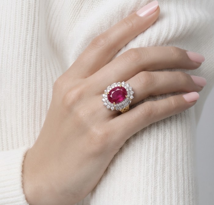 Scarlett 14.7 ctw Mozambique Ruby .925 Sterling Silver DIPPED IN 22k GOLD handcrafted Statement Solid Ring size 7 - Ruby ring worn on hand, showcasing gemstone and diamond setting.
