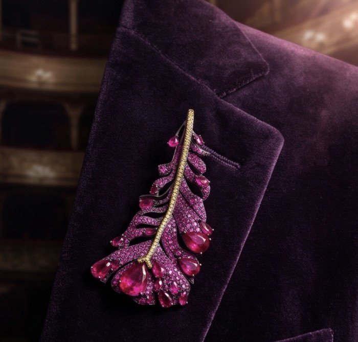 Magic Red Feather Large 10.8 carats Ruby .925 Sterling Silver DIPPED IN RHODIUM handmade Pendant - Brooch - Ruby feather brooch close-up on a velvet jacket