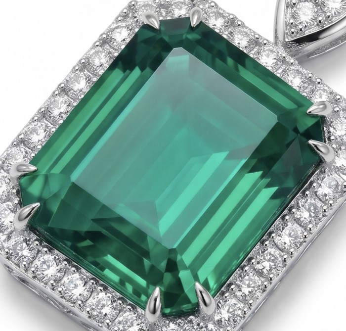 Rare finding! Deluxe 55.2 carat authentic baquette cut Emerald rhodium over .925 Sterling Silver handmade Statement Pendant - Close-up of emerald-cut gemstone pendant with diamond halo.