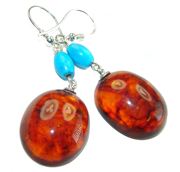 Baltic Polish Amber Turquoise .925 Sterling Silver Earrings - photo 3