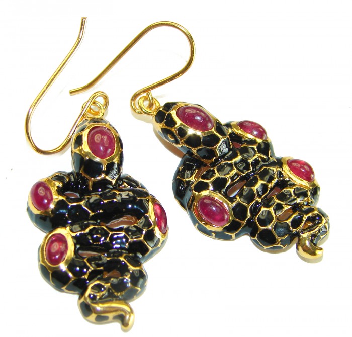 Black Snakes Genuine Enamel Ruby 18K Gold over .925 Sterling Silver handcrafted Earrings - photo 3