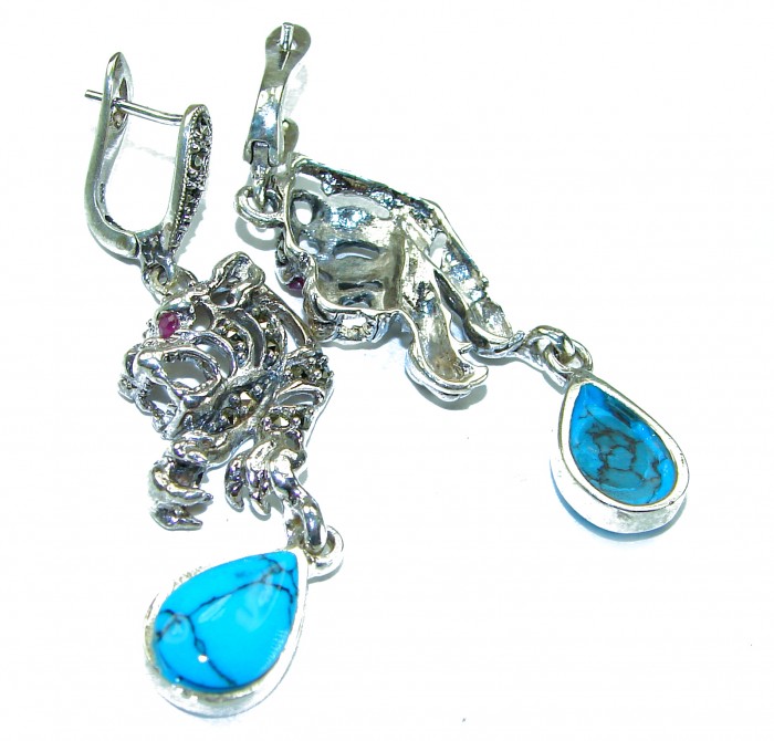 Spectacular Panthers Blue Turquoise .925 Sterling Silver handcrafted Earrings - photo 1