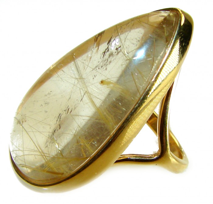 Vintage Design 28.2 carat Himalayan Golden Rutilated Quartz 14K Gold over .925 Sterling Silver handcrafted Ring Size 6 1/2 - Side view of vintage Himalayan Golden Rutilated Quartz ring