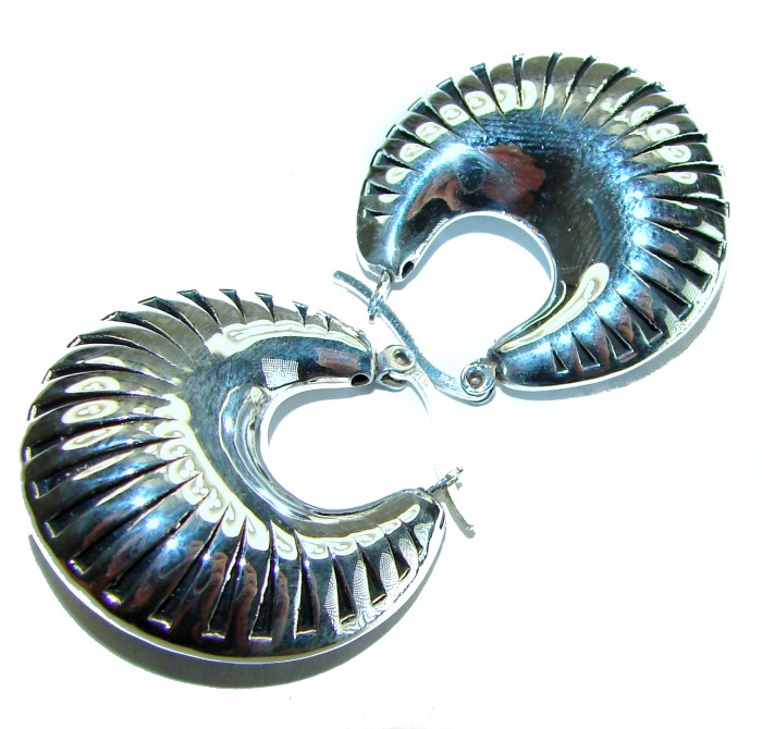 Highly Polished Fancy Modern design .925 Sterling Silver Italy made Earrings - Top view of modern design .925 sterling silver earrings.