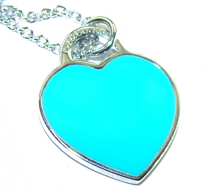 Angel's Heart inlay Turquoise .925 Sterling Silver handcrafted necklace - Heart-shaped turquoise pendant, front view, with silver chain detail.