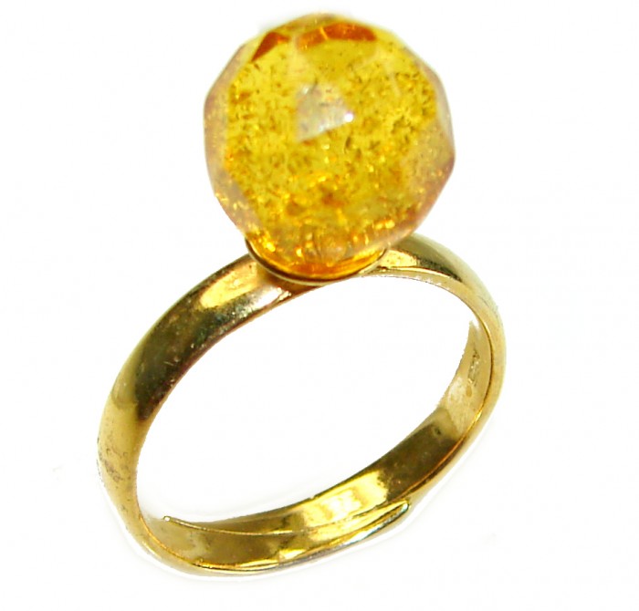 Modern Concept Golden Sphere - Natural faceted Baltic Amber 18K Gold over .925 Sterling Silver ring s. 8 - Close-up of golden ring with faceted Baltic amber stone.