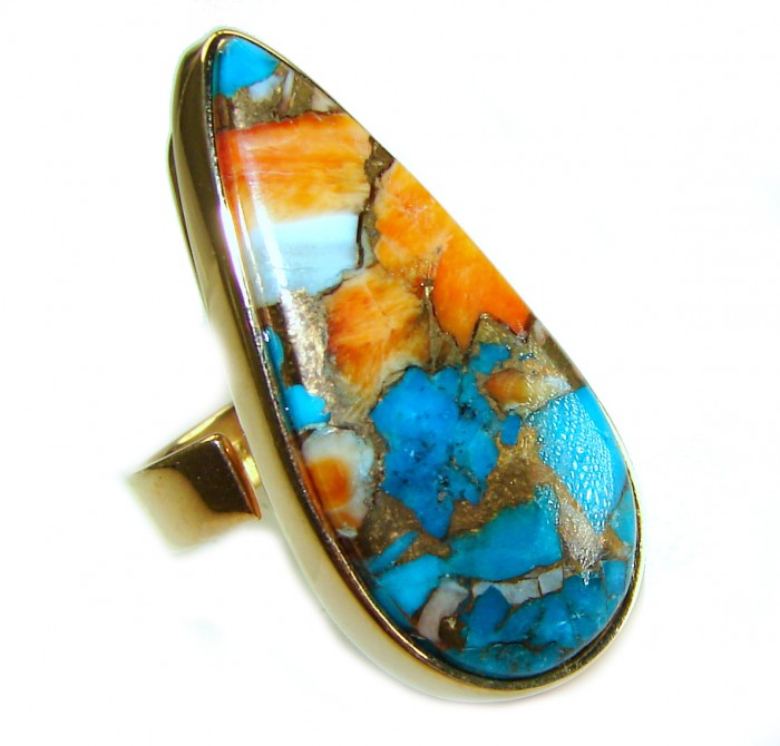 Rare 27.5 carat Oyster Turquoise 18K Gold over .925 Sterling Silver handcrafted Large ring; s. 7 adjustable - Close-up of Oyster Turquoise ring in 18K gold over sterling silver.