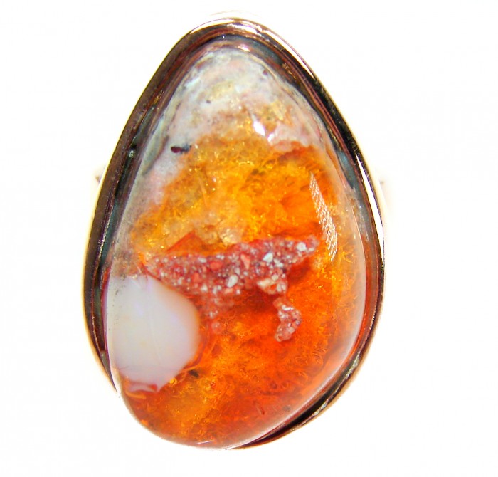 Queen of Fire best quality 29.4 carat Mexican Opal 18k Rose Gold over .925 Sterling Silver handmade ring 8 adjustable - Close-up of Queen of Fire Mexican Opal in 18k rose gold setting.