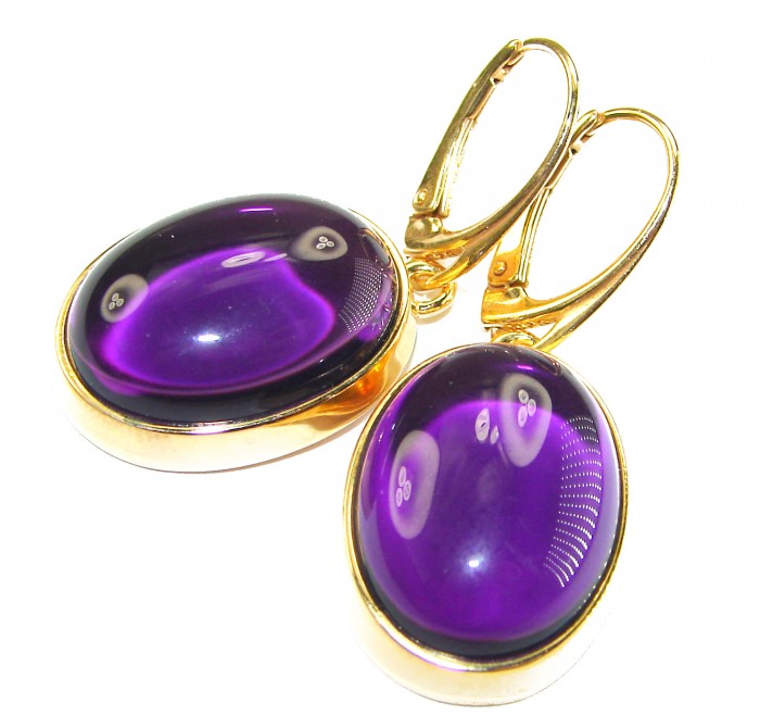 Lavender Beauty authentic 10.2 carat Amethyst 14K Gold over .925 Sterling Silver handcrafted earrings - Close-up of Lavender Beauty amethyst earrings in 14K gold.