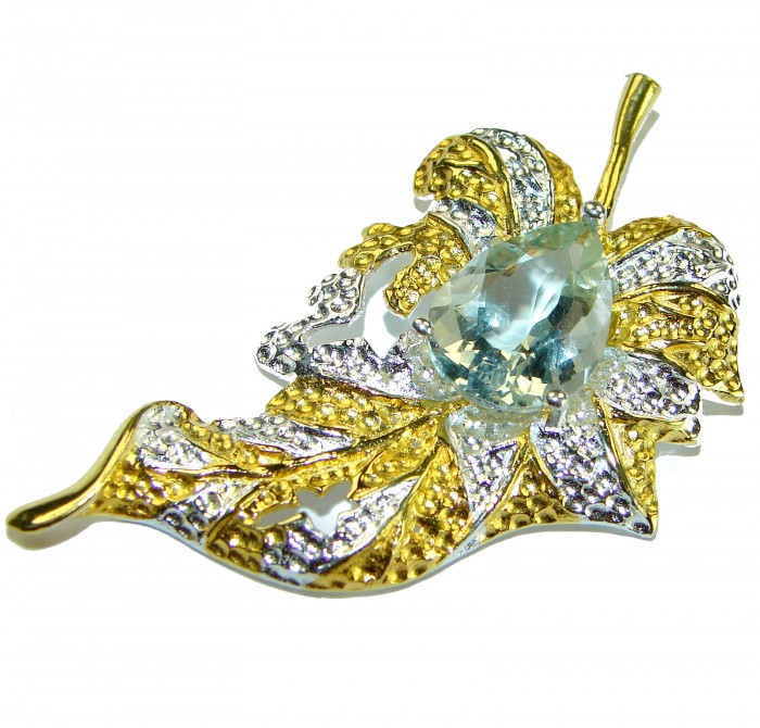 Precous Leaf Genuine Green Amethst 18K Gold over .925 Sterling Silver handcrafted Statement pendant - Leaf-shaped pendant with green amethyst, front view, gold and silver detail.