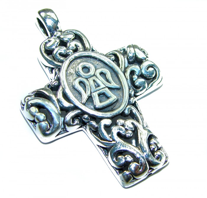 Protective angel - Holy Cross .925 Sterling Silver Pendant - Ornate Sterling Silver Cross Pendant with Angel Design, front view.
