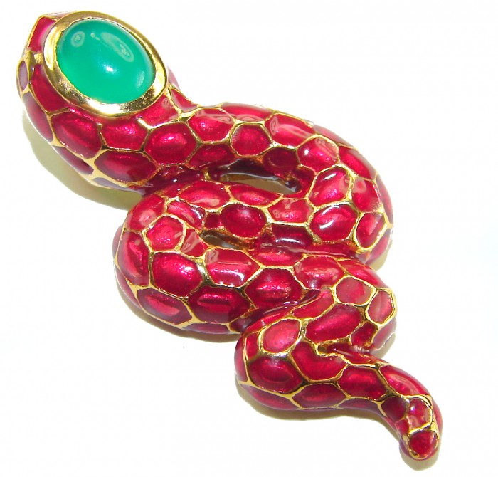 INCREDIBLE Red Snake Natural Ruby Enamel Snake 14K Gold over .925 Sterling Silver Pendant - Red snake brooch with turquoise stone, angled overhead view