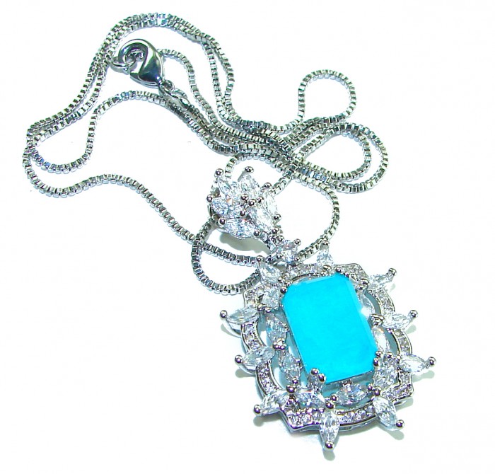 Vintage style - Timless Beauty 15.5 carat Emerald .925 Sterling Silver handcrafted Statement necklace - Necklace with turquoise stone and diamonds, overhead view