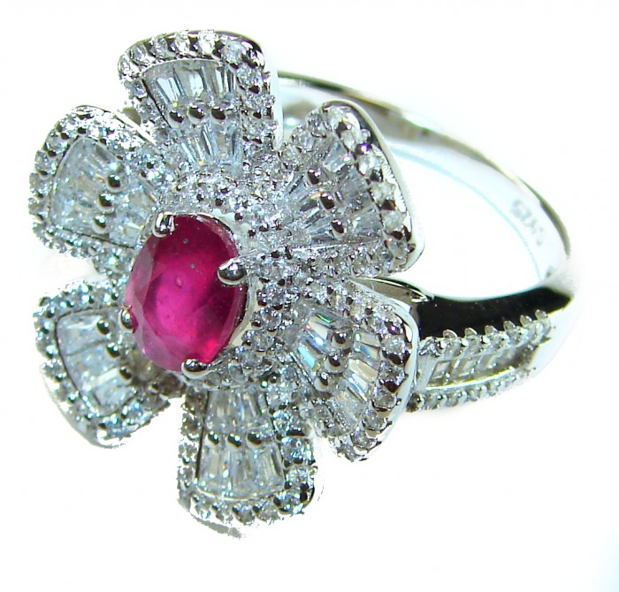 Art Deco - 6.8 carat Authentic Ruby .925 Sterling Silver Handcrafted Ring size 7 1/2 - Ruby ring with diamond accents, close-up, Art Deco style, sterling silver