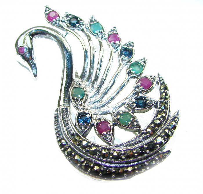 Perfect Swan Ruby 18K Gold over .925 Sterling Silver handmade Pendant Brooch - Swan-shaped brooch with colorful gemstones, top view.