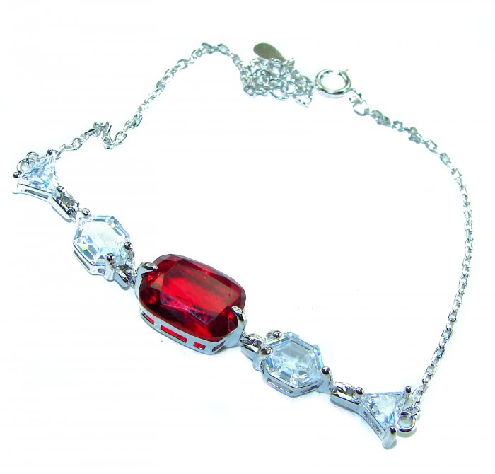 9.5 carat Ruby .925 Sterling Silver handmade Statement Bracelet - Ruby and clear stones bracelet, top view, silver chain and clasp detail