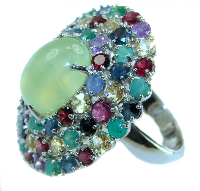 Royal quality genuine Prehnite .925 Sterling Silver handcrafted .925 Sterling Silver handcrafted ring s. 7 1/4 - Side view of multicolored gemstone ring with central Prehnite stone.