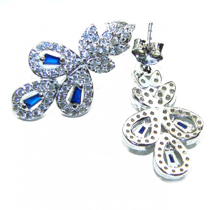 Art Deco - Luxurious natural 2.5 carat Sapphire .925 Sterling Silver Perfectly handcrafted earrings - Sapphire and diamond earrings, angled view showing front and back details.