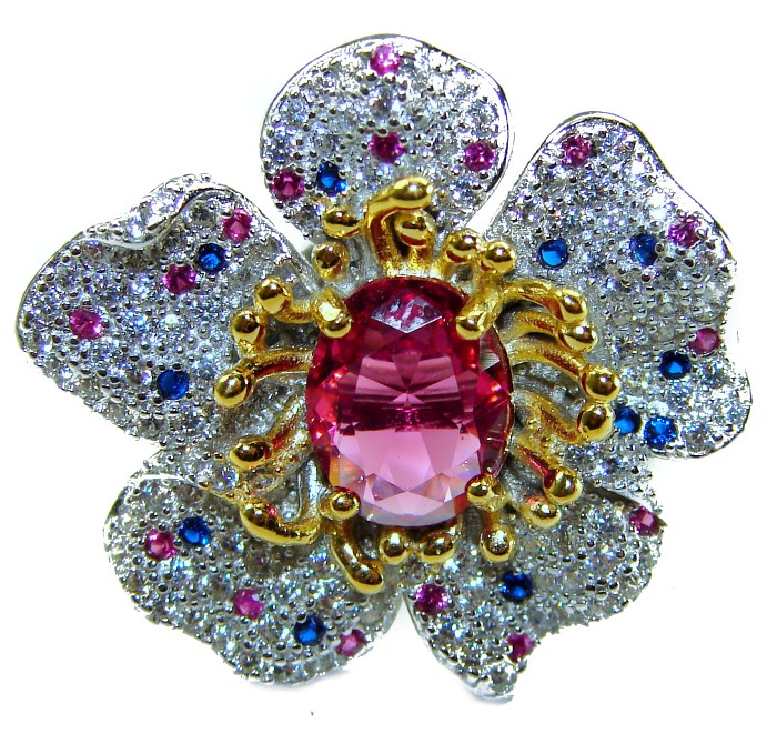 Spectacular Flower Authentic 4.3 carat Pink Tourmaline 2 tones .925 Sterling Silver handmade Cocktail Ring s. 7 1/4 - Close-up of flower-shaped brooch with pink tourmaline centerpiece.