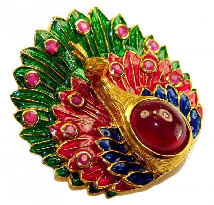 Luxurious Peacock genuine 12.5 carat Ruby Enamel 22K Gold over .925 Sterling Silver handmade Pendant - Brooch - Close-up of a luxurious peacock brooch with ruby and enamel details