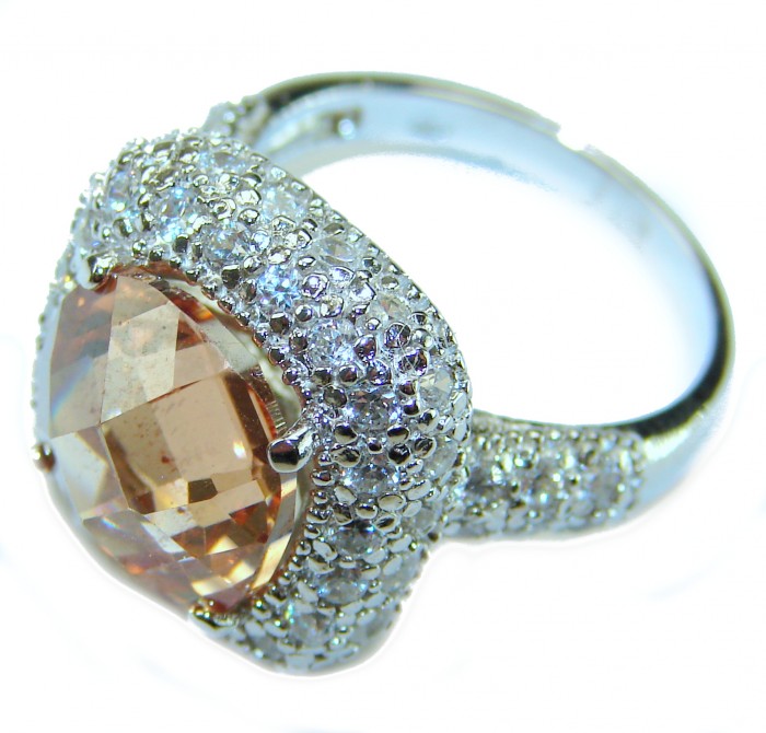 Authentic cushion cut 10.2 carat volcanic Morganite 14K White Gold over .925 Sterling Silver ring s. 7 3/4 - Side view of cushion cut Morganite ring with diamond accents.