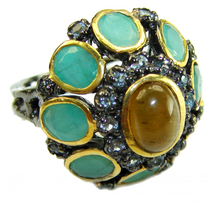 Serenity 12.5 carat Golden Calcite Emerald black Rhodium over .925 Sterling Silver Ring s. 6 - Close-up of Serenity ring with calcite and emerald stones.