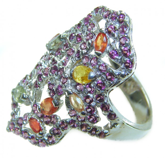 Spring 10.2 carat multicolor Sapphire .925 Sterling Silver brilliantly handcrafted ring s. 9 - Side view of multicolor sapphire ring in .925 sterling silver.