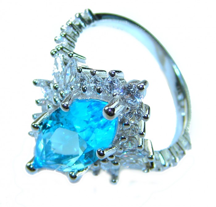 Pacifica 6.5 carat authentic Swiss Blue Topaz .925 Sterling Silver handmade Statement Ring size 6 - Ring with Swiss Blue Topaz, side view, highlights stone and settings.