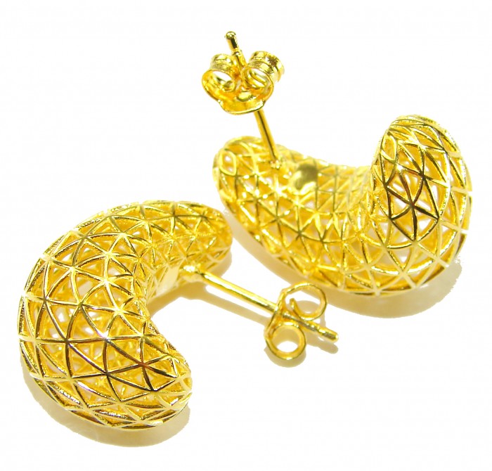 Dubai Style - .925 Sterling Silver dipped in 22K Gold handmade Earrings - Gold crescent earrings, side view, lattice design, post back.