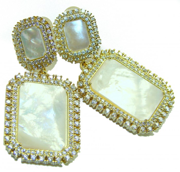 Genuine Blister Pearl lab grown Diamond 18K Gold over .925 Sterling Silver handcrafted Large Statement Earrings - Genuine blister pearl earrings close-up with lab-grown diamonds.